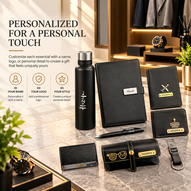 Classic Black Customised Hamper | Personalised Steel Bottle, Diary, Pen, Passport Cover, Wallet, Eyewear Case, Keychain & Card Holder Gift Set
