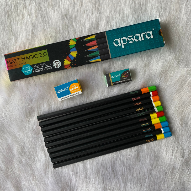 Personalized Pencil Set | 10 Pencils with Sharpener & Eraser | DOMS Zillion, DOMS Superio, Apsara Matt Magic 2.0 & DOMS Y1 Variants