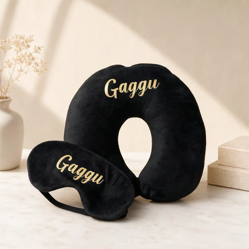 Personalized Travel Pillow & Eye Mask Set | Custom Name Printed Neck Pillow with Matching Sleep Mask | Soft Travel Comfort Set for Flights Car Train & Gifting