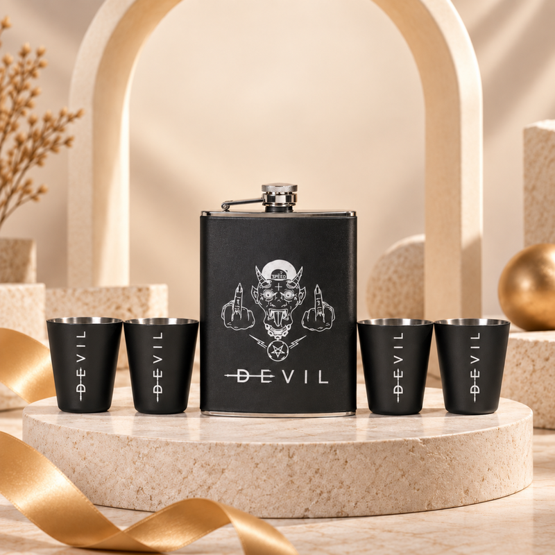 Personalised Hip Flask Gift Set 200ml with 50ml Shot Glasses | Premium Stainless Steel Flask Set with Bottle Opener | Custom Engraved Gift for Men