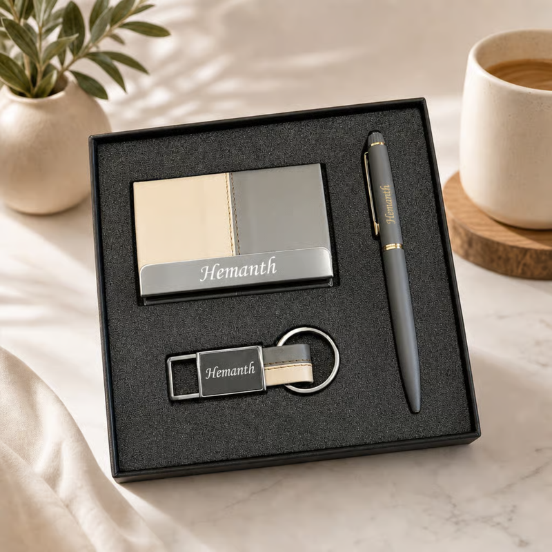 Personalized Dual Tone 3 in 1 Gift Set | Custom Name Card Holder Pen & Keychain Combo | Corporate Birthday Office Gifting Set