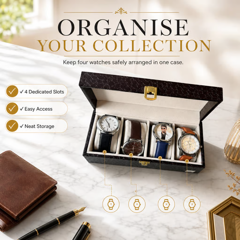 Personalized Watch Organizer | 4 Slot Watch Storage Box with Premium Finish | Elegant Watch Holder Case for Men & Women