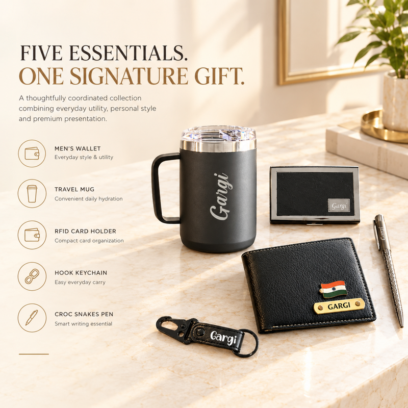 Nexon Signature Gift Box for Men | Wallet, Travel Mug, RFID Card Holder, Hook Keychain & Croc Snakes Pen | 5-Piece Personalized Gift Set