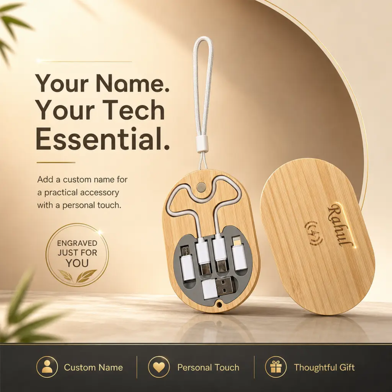 Personalized Bamboo Cable Kit | Custom Name USB Charging Cable Set with Multi Connectors | Compact Travel Tech Organizer for Office & Gifting