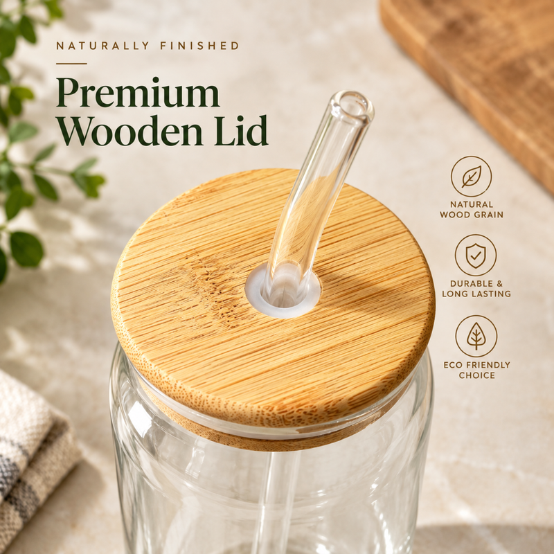 Personalised Borosil Glass Tumbler | Glass Cup with Wooden Lid & Straw