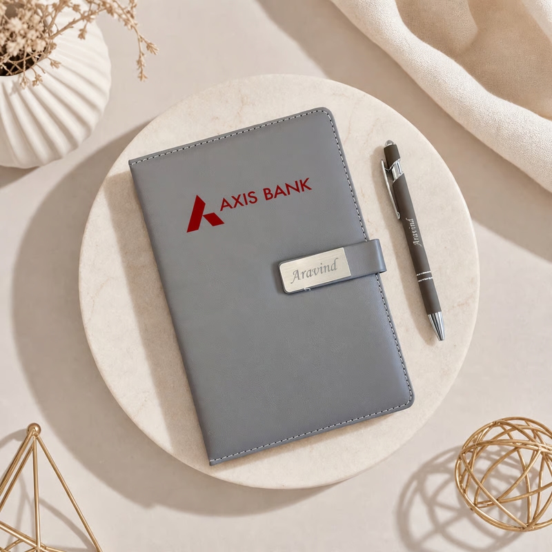Vega Personalised Diary Pen Set | Premium Leather Finish Diary with Custom Name Printing & Matching Pen | Luxury Office Stationery Gift Set for Professionals