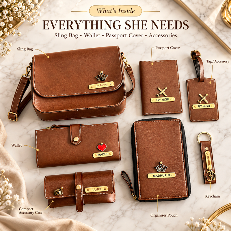 Personalised All About Her Gift Box | Premium Women Gift Set with Sling Bag, Wallet, Passport Cover & Accessories