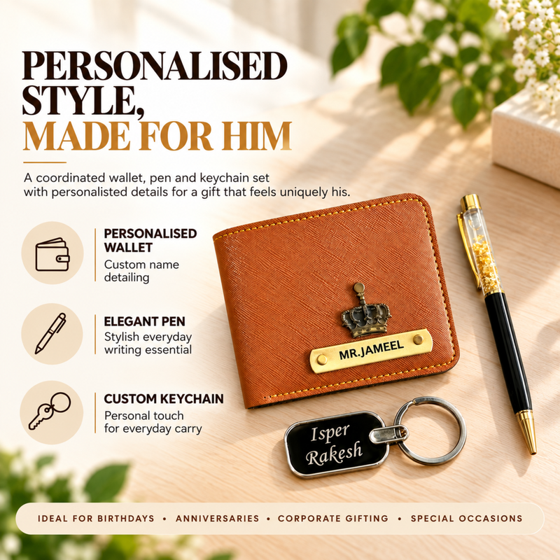 Saffiona 3 in 1 Personalized Gift Set | Premium Men Wallet with Pen & Keychain Combo | Custom Name Wallet Gift Set for Men | Stylish Corporate & Birthday Gift