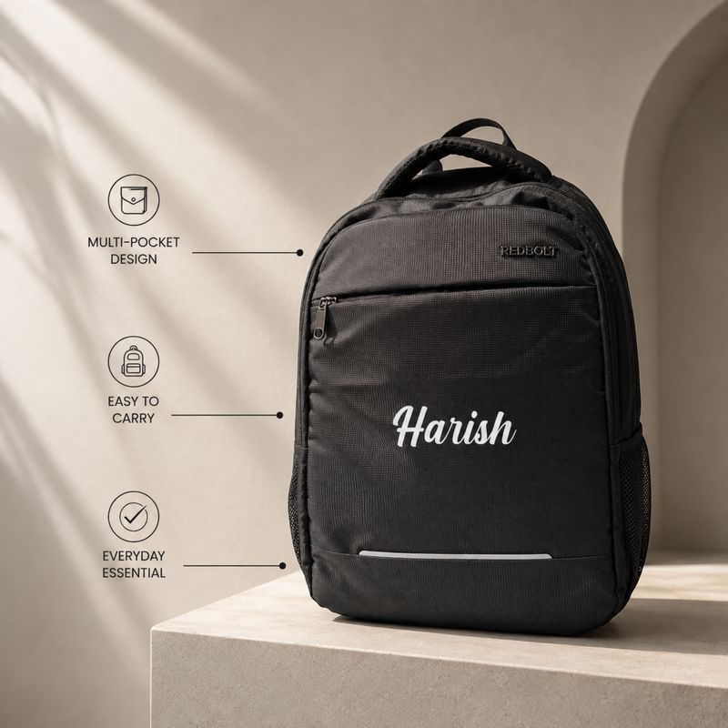Personalised Black Laptop Backpack with Custom Name | Office and Travel Bag