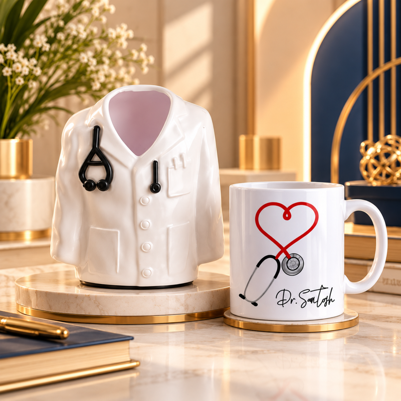 Personalised Doctor Signature Gift Set | LED Flask Doctor Pen Keychain Coat Pen Stand Ceramic Mug & Paper Weight | 6-Piece Gift Set
