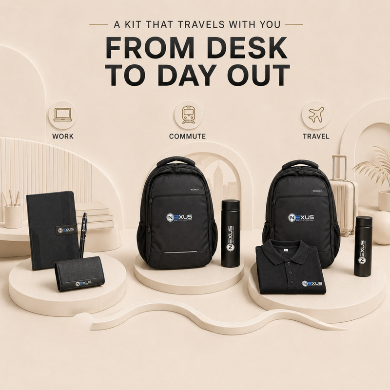 Welcome Kit 2.0 | 7 in 1 Corporate Employee Joining Gift Set | Backpack Bottle Diary Polo T-Shirt Pen Keychain & Card Holder