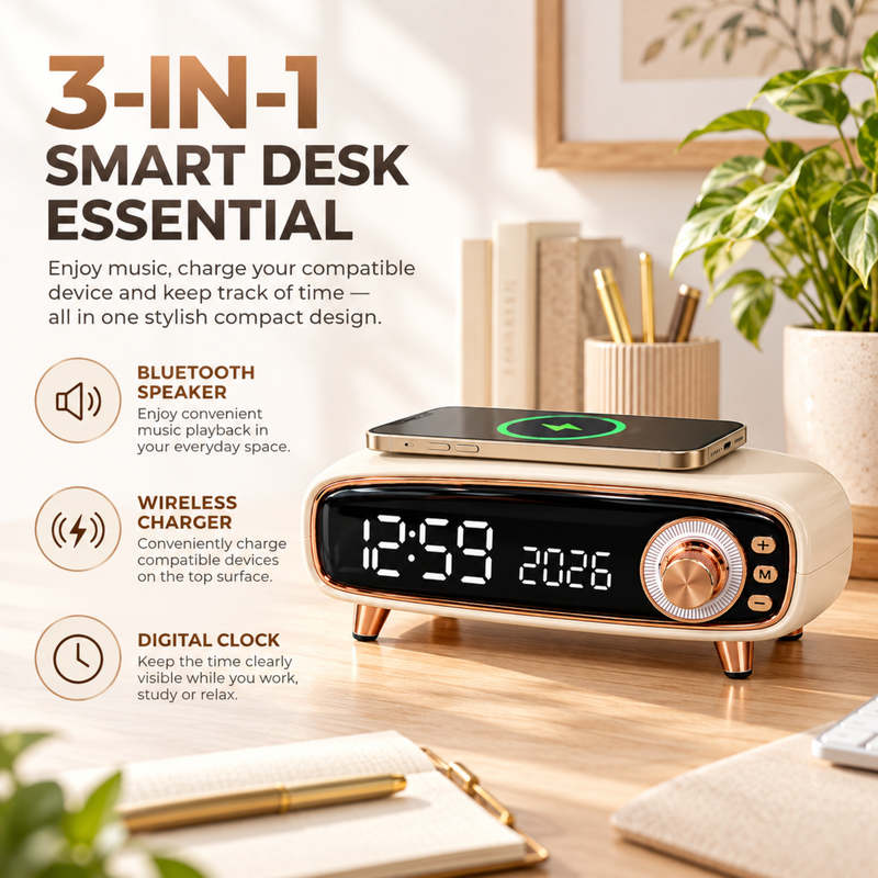 Pebble Aura 3.0 Wireless Charger Speaker | 3-in-1 Bluetooth Speaker with Digital Clock