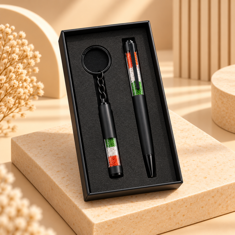 Tiranga Pen & Keychain Set | Tricolor Pen with Matching Tiranga Keychain | 2-Piece Personalized Gift Set