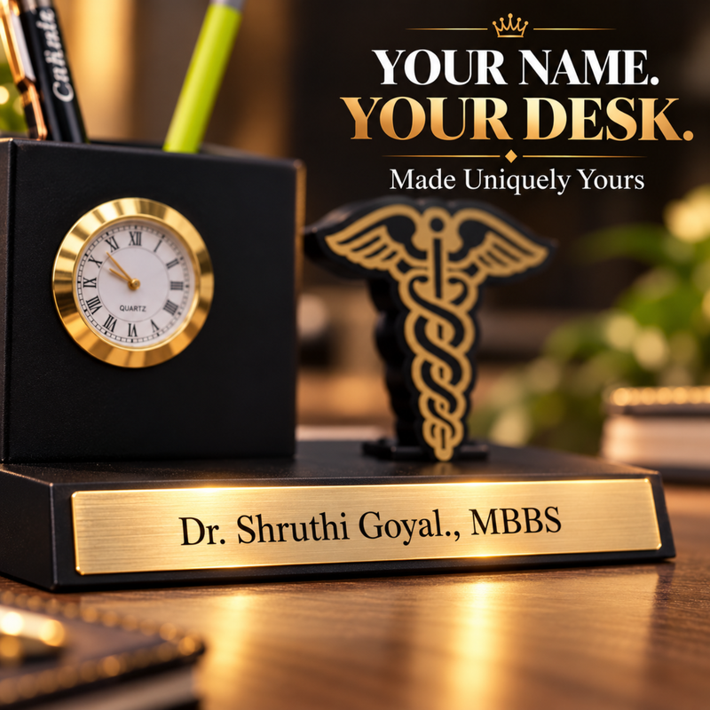 Personalised Professional Pen Stand | Mini Clock Desk Organizer with Custom Logo | Premium Office Table Accessory Gift