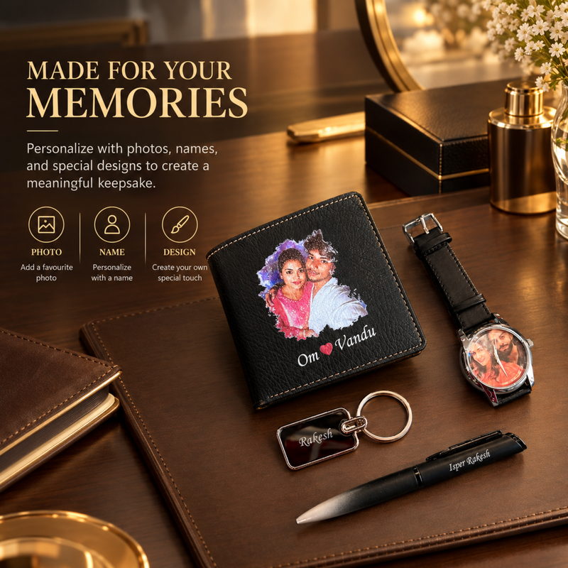 Camry Customised Gift Set | Personalised Photo Wallet, Photo Wrist Watch, Pen & Keychain Combo | Premium Gift Hamper for Birthdays, Anniversaries & Special Occasions