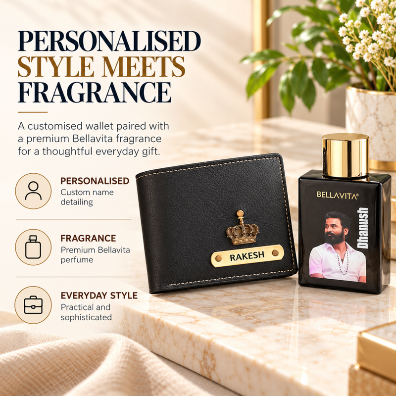 Nexon Men Wallet & Bellavita Perfume Gift Set | Personalised Wallet Combo with Premium Fragrance | Stylish Gift Hamper for Men