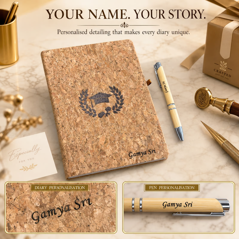 Cork Personalised Diary Pen Set | Premium Eco Style Diary with Custom Name & Matching Pen | Elegant Gift Set for Office Students Professionals Birthday