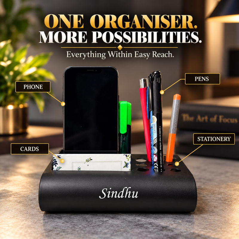 Personalised Multiple Desk Organiser | Premium Metal Stationery Holder with Mobile Stand