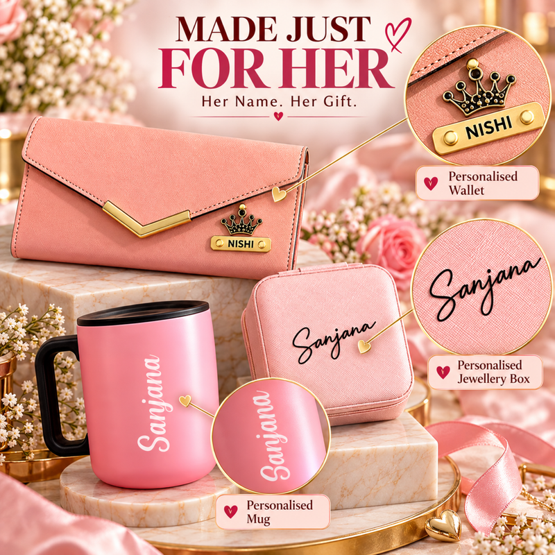 Personalised Her Happy Box | Premium Women Gift Hamper with Wallet, Mug, Perfume, Jewellery Box & Beauty Essentials