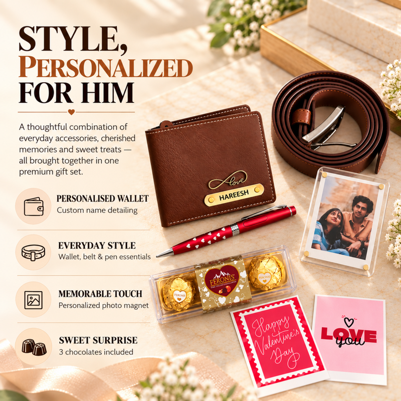 Mavericks Personalized Gift Set for Men | Wallet Belt Pen Polaroid Magnet & Chocolate Combo | Premium Custom Gift Hamper for Husband Boyfriend Birthday Anniversary
