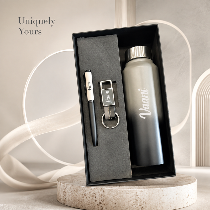 Personalized Pebble 3 in 1 Gift Set | Custom Name Bottle Pen & Keychain Combo | Corporate Birthday Office Gifting Set