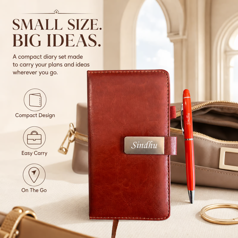 Pocket Personalised Diary Pen Set | Compact Premium Diary with Custom Name Plate & Matching Pen | Stylish Portable Office Stationery Gift Set