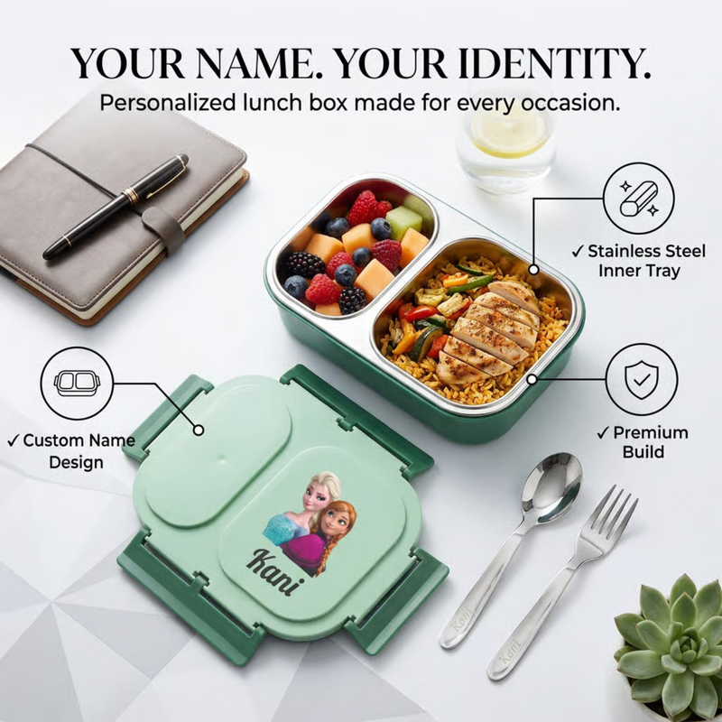 Personalized Bento 2 Partition Lunch Box | Stainless Steel Inner Lunch Container with Fork & Spoon | Custom Name Lunch Box for Kids, Adults, Office, School & Travel