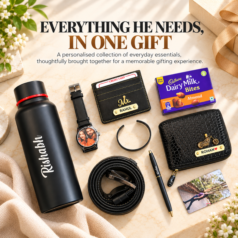 Gentlemen Customised Hamper | Personalised Bottle, Photo Wrist Watch, Wallet, Kada, Card Holder, Belt, Pen & Chocolate Gift Set for Men