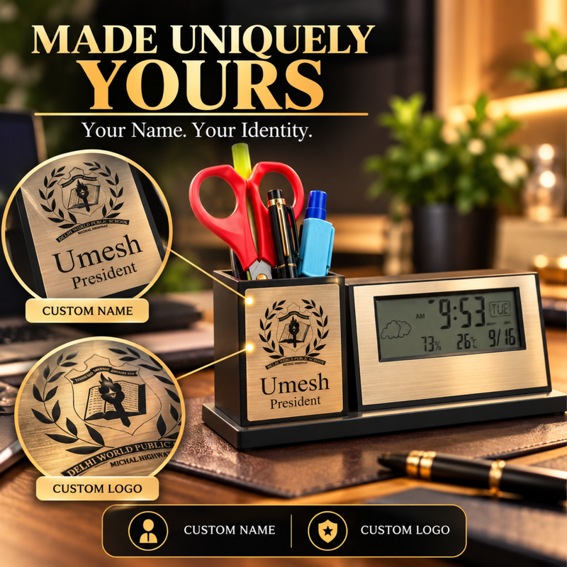 Personalised Digi Clock Pen Stand | Digital Clock Display with Custom Name Desk Organiser