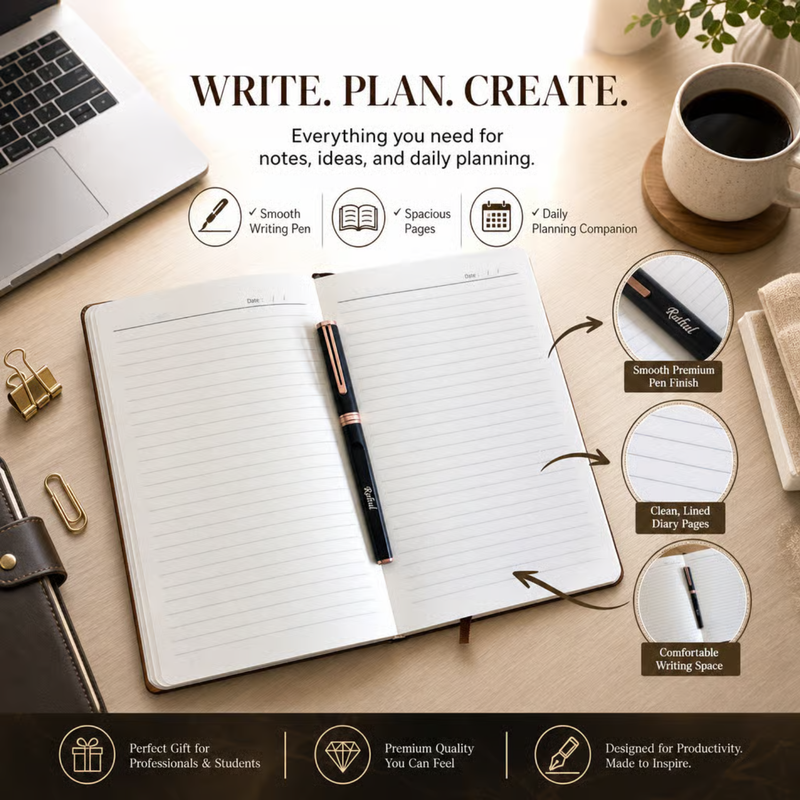 Windsor Diary Pen Set | Premium Leather Finish Notebook with Stylish Writing Pen | Personalized Gift Set for Office Students Professionals | Elegant Diary & Pen Combo
