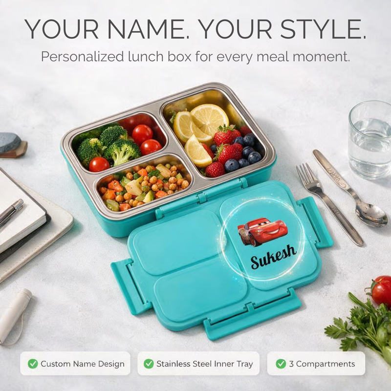 Personalized Bento 3 Partition Lunch Box | Stainless Steel Inner Lunch Container with Fork & Spoon | Custom Name Lunch Box for Kids, Adults, Office, School & Travel