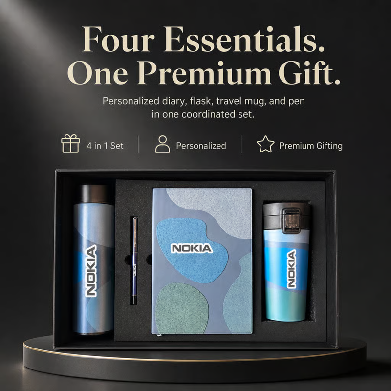 Personalized Doodle 4 in 1 Gift Set | Custom Name Diary Flask Travel Mug & Pen Combo | Corporate Birthday Office Gifting Set
