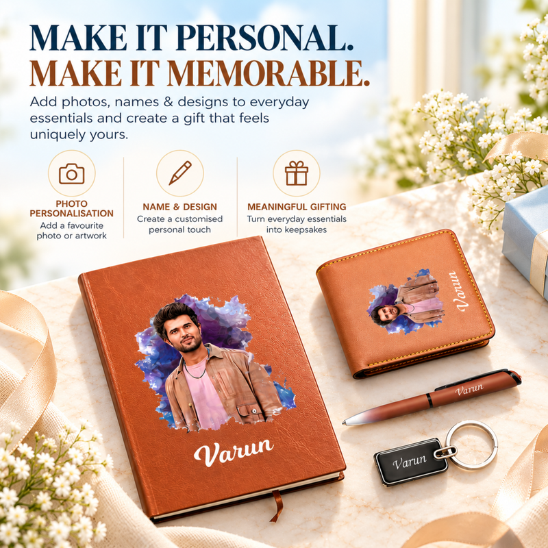Artistic Customised Gift Set 1.0 | Personalised Photo Diary, Photo Wallet, Pen & Keychain Set | Premium Corporate Gift Hamper for Men & Women