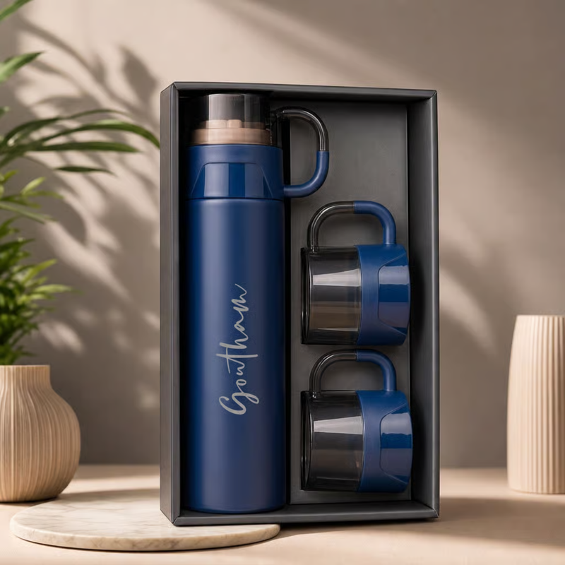 Personalized Alexa Flask with 2 Cups | Custom Name Printed Flask & Cup Gift Set | Travel Drinkware Set for Office Home Gifting