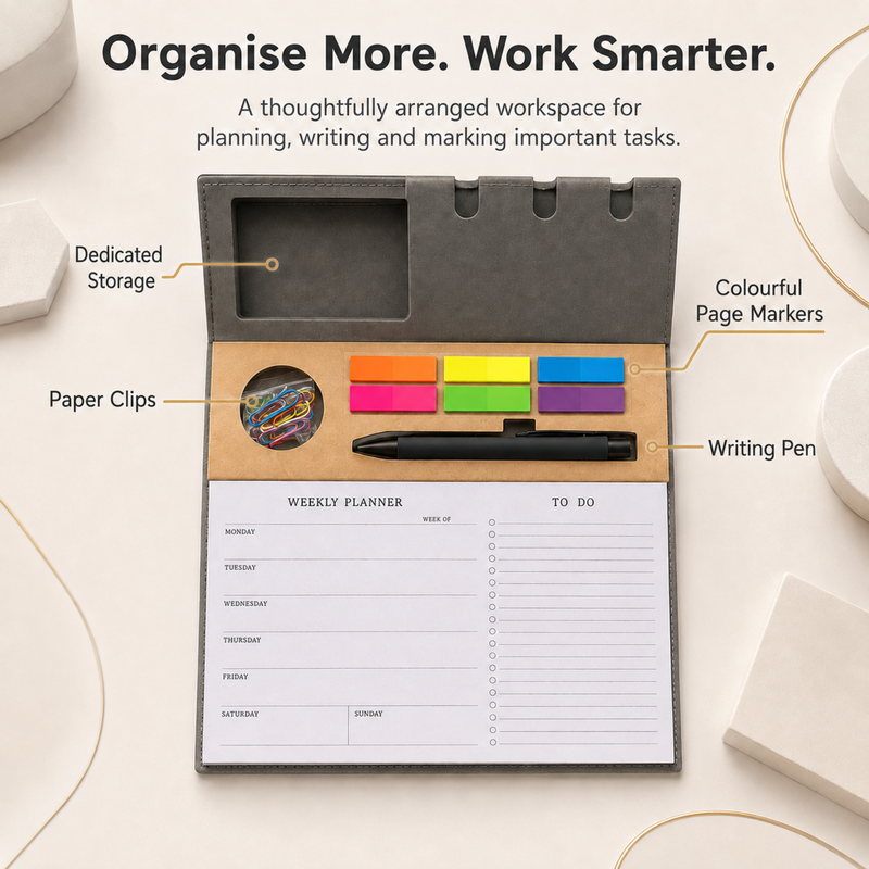 Smart Desk Organiser with Daily Planner | Mobile & Pen Holder with Sticky Notes | Multipurpose Office Desk Planning Organizer
