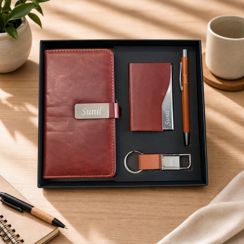 Personalized Tesla 4 in 1 Gift Set | Custom Name Pocket Diary Pen Card Holder & Keychain Combo | Corporate Birthday Office Gifting Set