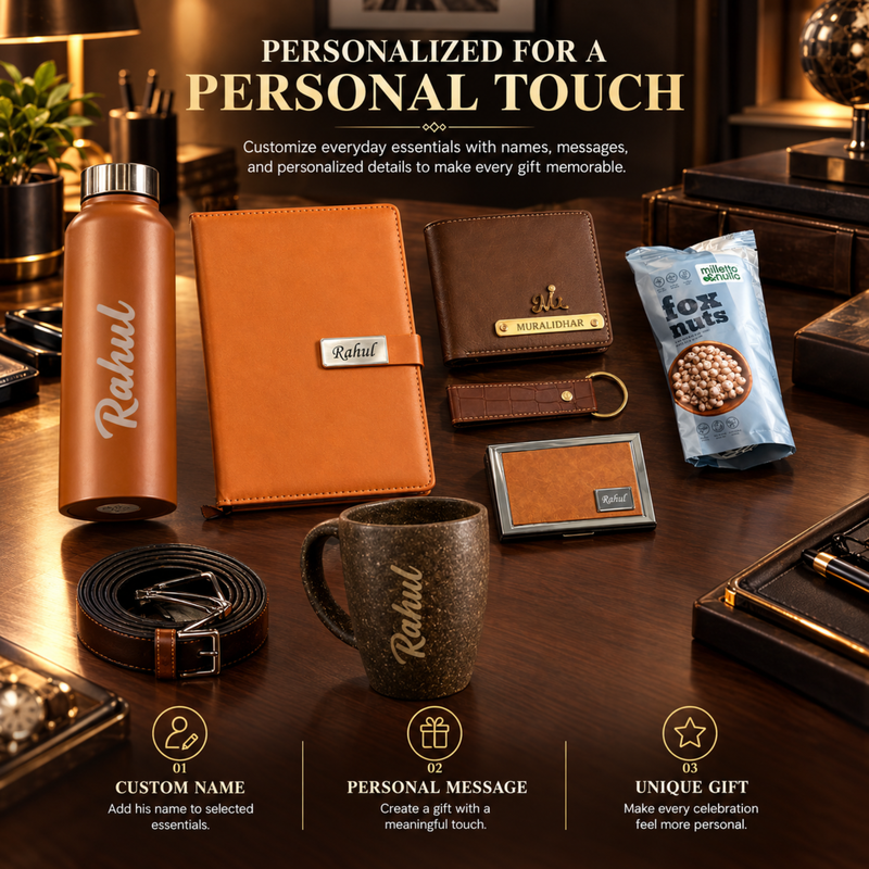 Alpha Customised Gift Set for Men | Personalised Aqua Steel Bottle, Diary, Wallet, Pen, Keychain, Card Holder, Belt, Mug, Chocolates & Premium Accessories Gift Hamper