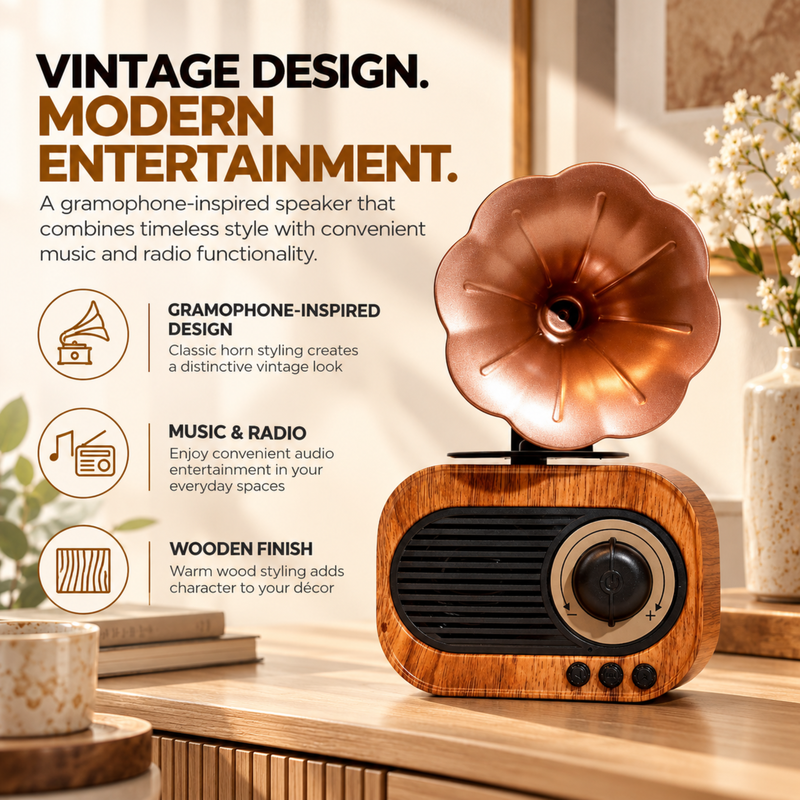 Gramophone Retro Speaker with Radio | Vintage Style Bluetooth Speaker for Home & Office
