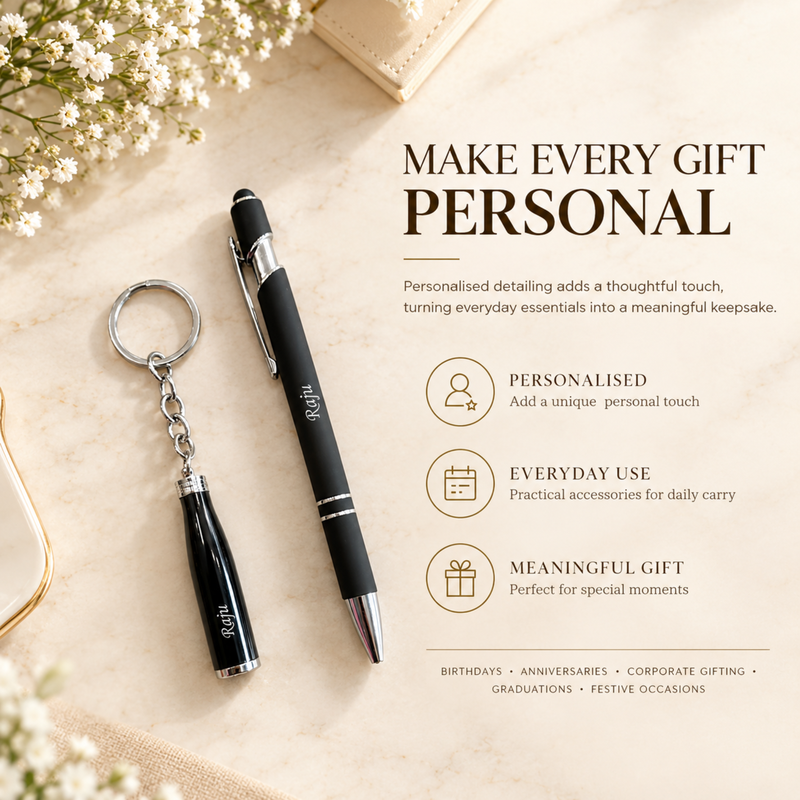 Personalised Bottle Shape Keychain & Pen Set | Stylish Pen with Matching Keychain | 2-Piece Gift Set for Men & Women