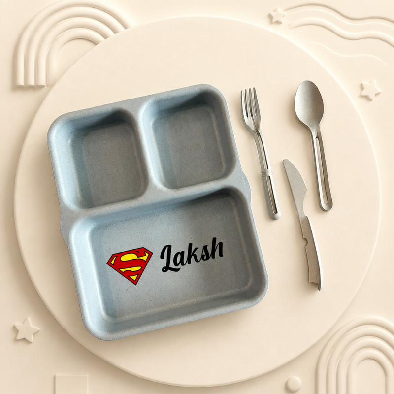 Personalized Eco-Friendly 4 Piece Dinner Set | Custom Name Compartment Plate Fork Spoon & Knife | Kids Dining & Gifting Set
