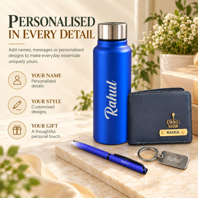 Hycross Customised Gift Set | Personalised Aqua Steel Bottle, Nexon Men Wallet, Pen & Keychain Combo | Premium Gift Hamper for Men