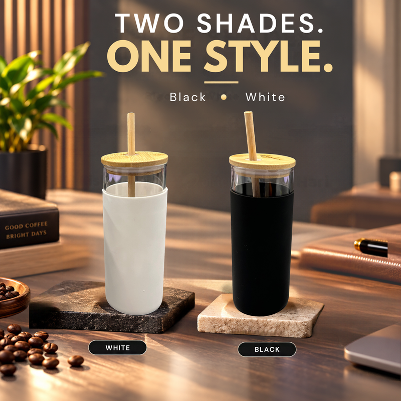 Personalised Bamboo Glass Tumbler | Glass Mug with Bamboo Lid & Straw