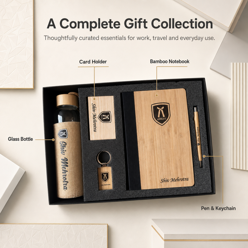 Personalized Prima Bamboo 5 in 1 Gift Set | Custom Name Diary Bottle Pen Keychain & Card Holder Combo | Corporate Office Gifting Set