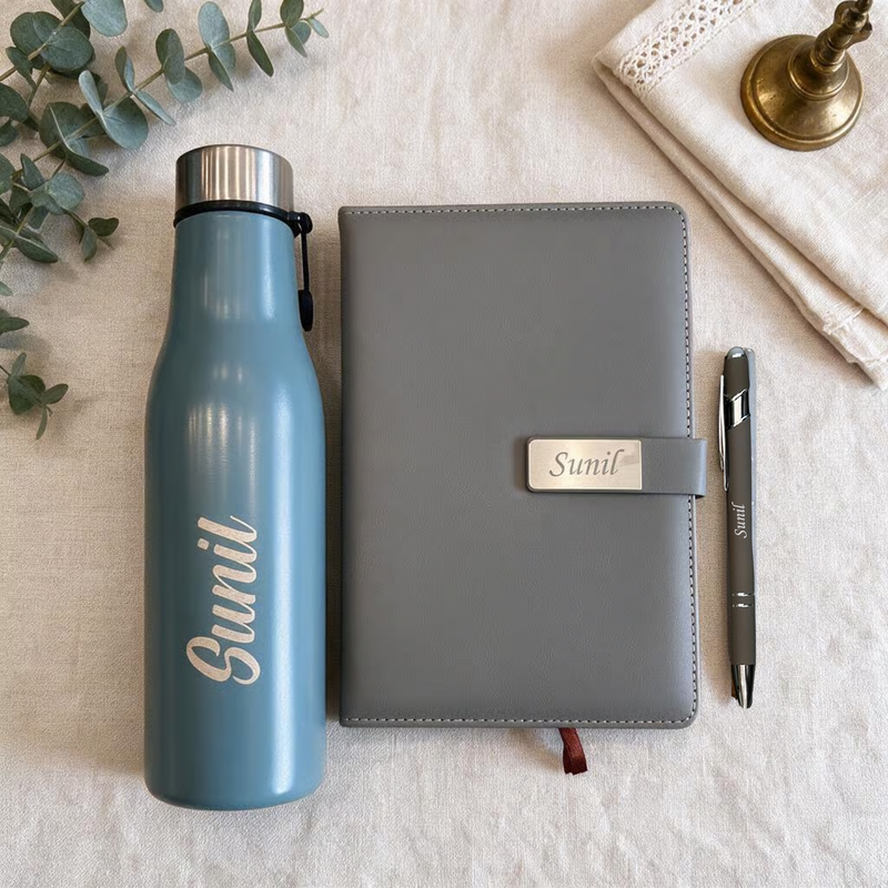 Personalized Glidder 3 in 1 Gift Set | Custom Name Bottle Diary & Pen Combo | Corporate Birthday Office Gifting Set