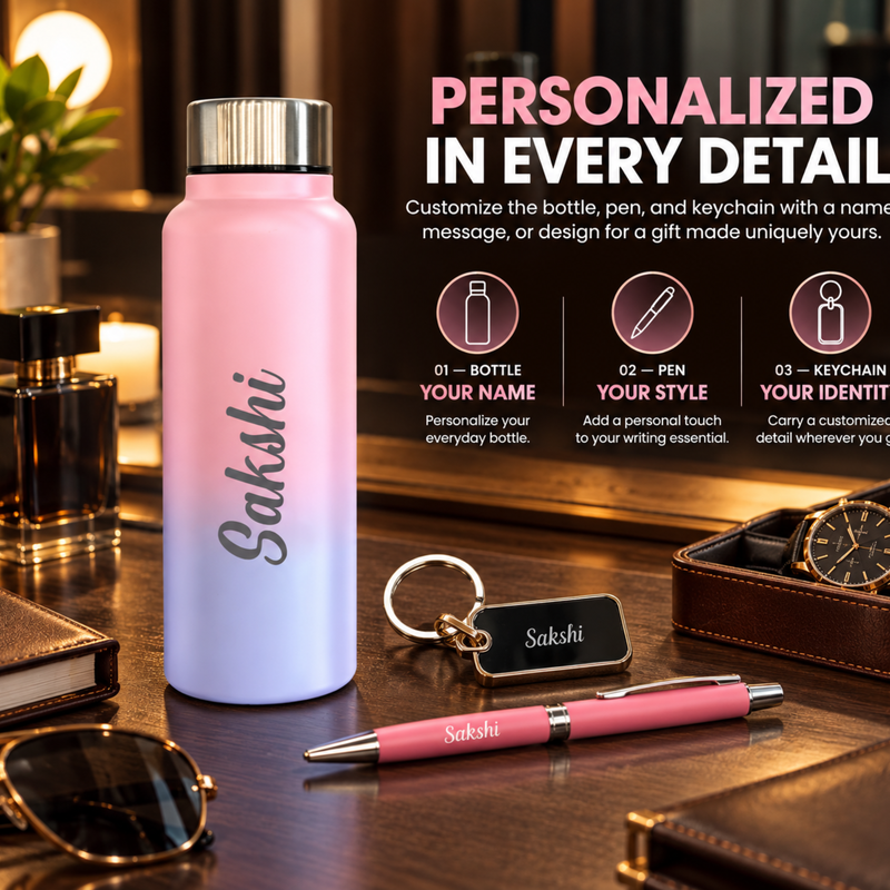 Brittle Customised Gift Set | Personalised Aqua Steel Bottle, Pen & Keychain Combo | Premium Gift Hamper for Birthdays, Corporate Gifting & Special Occasions