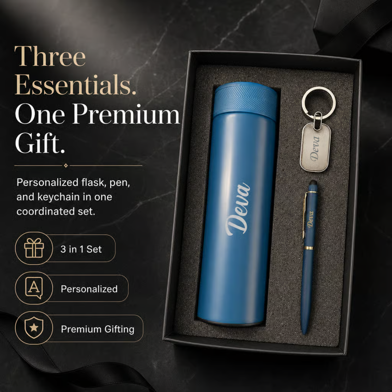 Personalized Grippo 3 in 1 Gift Set | Custom Name Flask Pen & Keychain Combo | Corporate Birthday Office Gifting Set