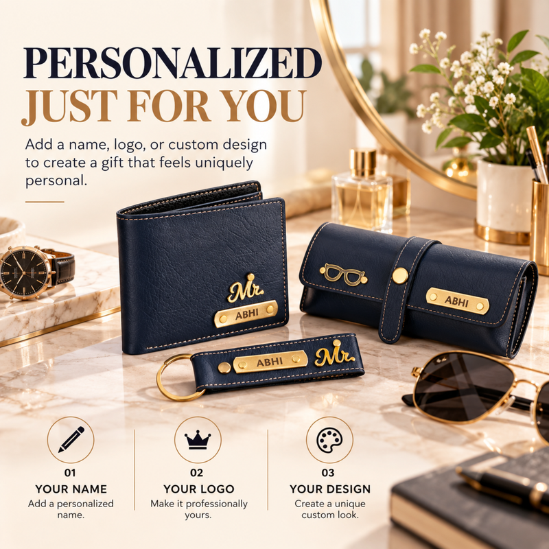 Nexon Customised 3 in 1 Hamper | Personalised Men Wallet, Eyewear Case & Keychain Gift Set | Premium Accessories Gift Box for Men