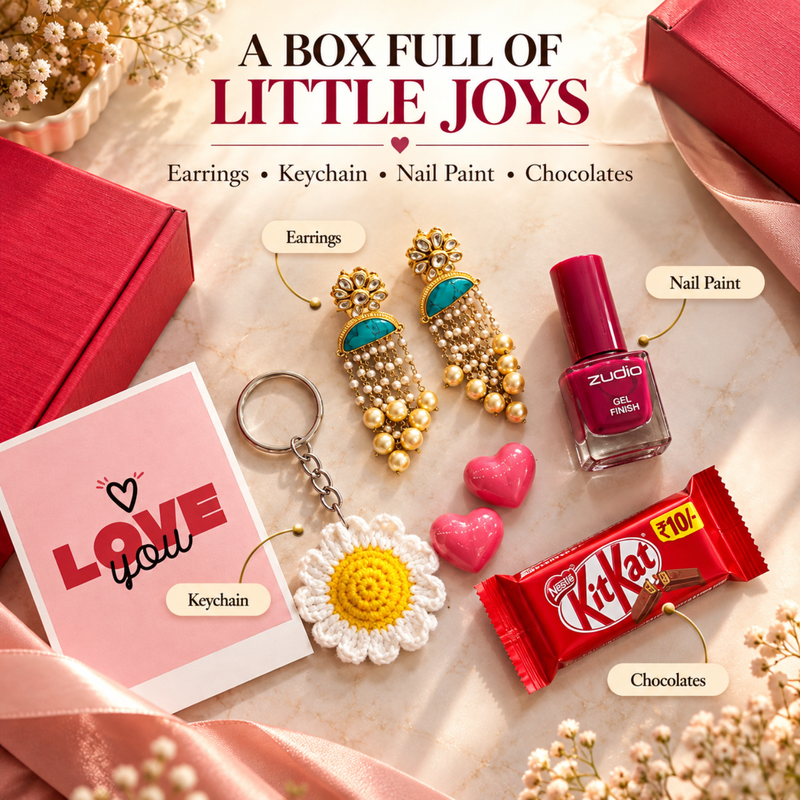 Personalised Made For Her Gift Box | Elegant Women Gift Hamper with Earrings, Keychain, Nail Paint & Chocolates