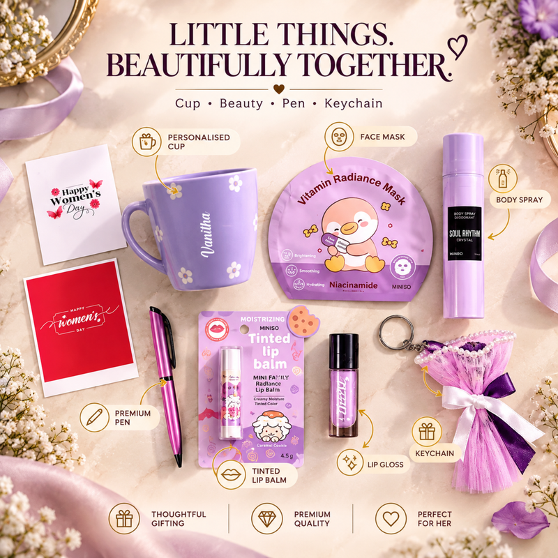 Personalised Elegance Lady Gift Box | Premium Women Gift Hamper with Cute Cup, Beauty Essentials, Pen & Keychain