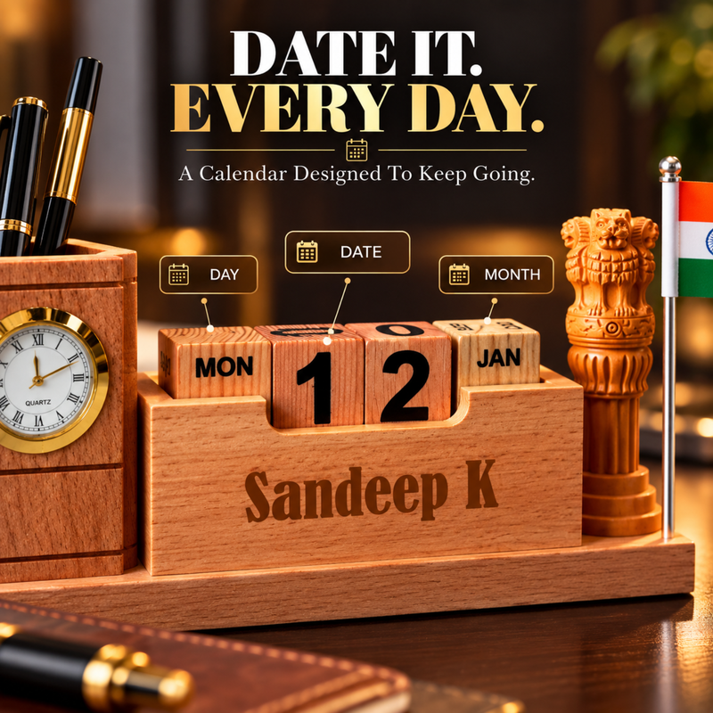 Personalised Emblem Pen Stand with Clock & Flag | Custom Desk Organiser